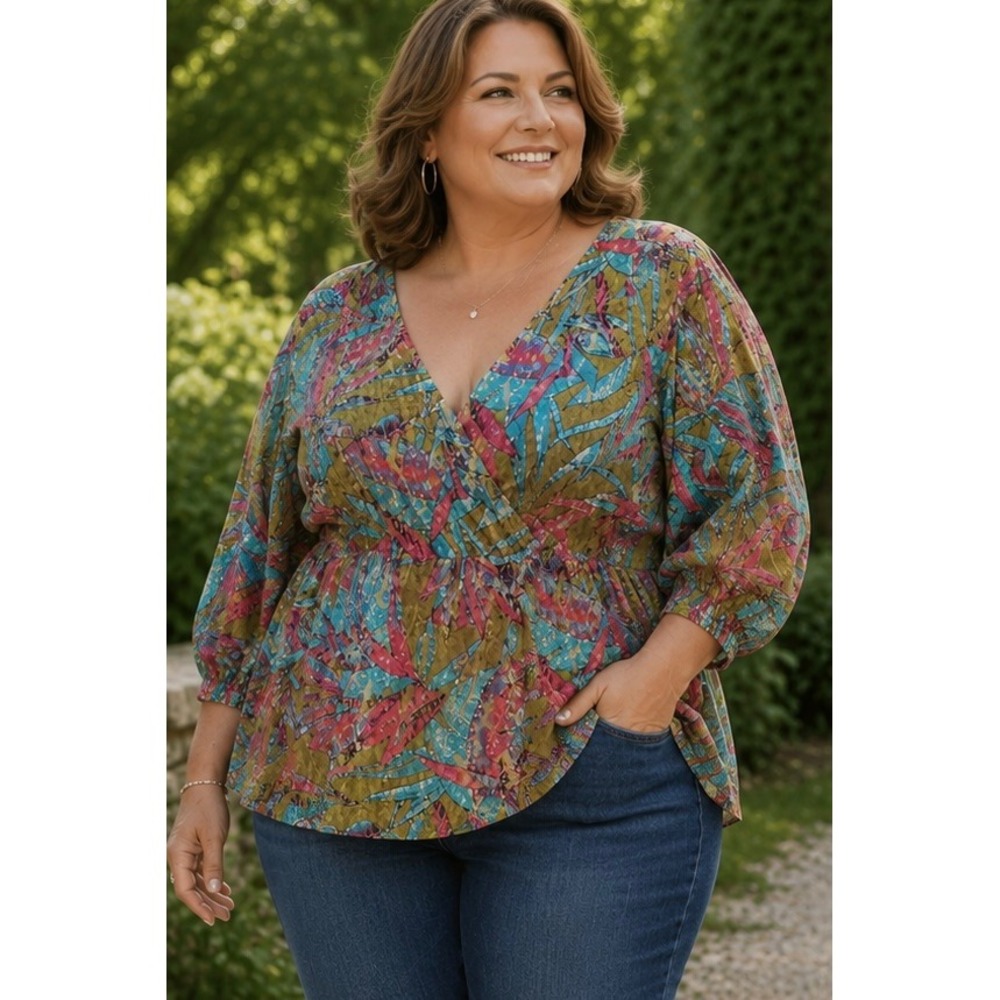 Maggie Barnes Womens Blouse Multicolor 3X Floral Lace Metallic Faux Wrap Top